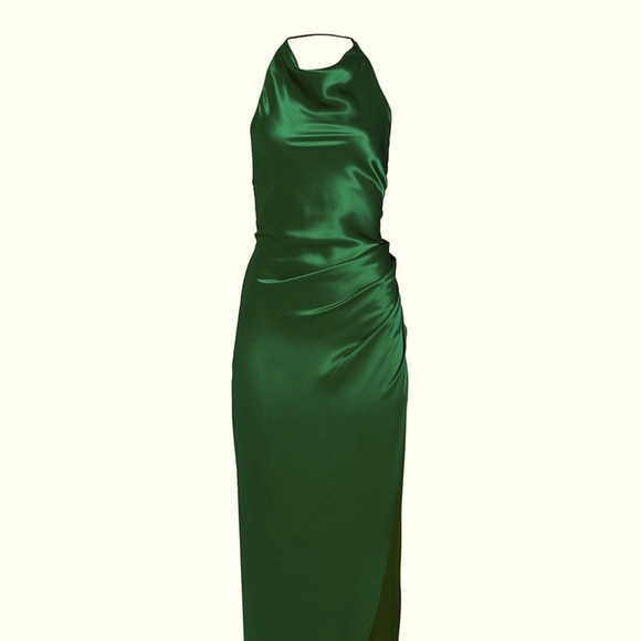 NWT! Amanda Uprichard ELEKTRA Gathered Silk Halter Emerald Gown S - Picture 2 of 5